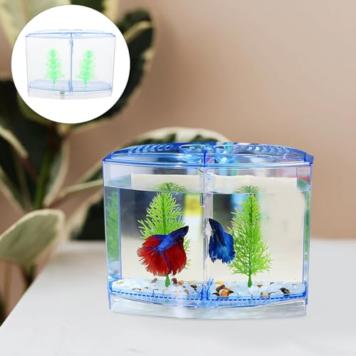 Mipcase Acrylic Mini Fish Tank Transparent Desktop Aquarium 7.08 X 5.51 X 3.54 in Small Breeding Tank with 2 Luminous Aquatic Plants for Goldfish Home Decor Bedroom Porch Desk