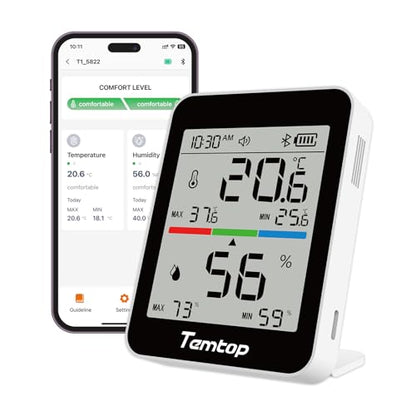 Temtop T1 Bluetooth Indoor Thermometer Hygrometer for Room Temperature | Humidity Notification Alerts, Data Export, Digital Gauge for Home, Office, Greenhouse, Garage, Nursery, Gift - size: Basic Edition
