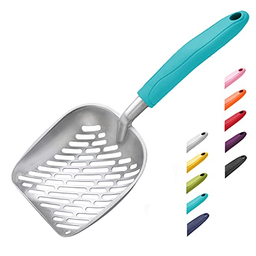 Cat Litter Scoop, Aluminum Alloy Sifter, Kitty Metal Scooper, Deep Shovel with Diagonal Sifting Hole, Long Handle, Kitten Poop Lifter for Litter Box, Large Size, Turkish Blue Handle - color: #02 Turkish Blue, size: Large