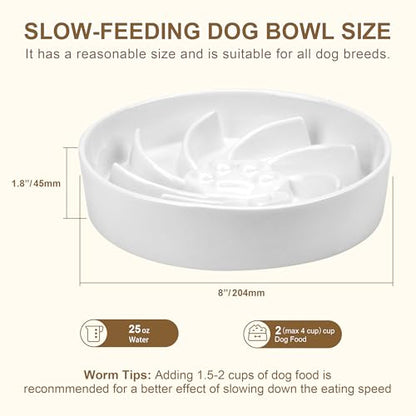 Ceramic Slow Feeder Dog Bowl, 3 Cup Dog Food or 25oz Water, Slow Eating Bowl for Middle Breed, Maze Puzzle Feeder for Fast Eaters, Anti-Choking Stop Bloat, Non-Slip BPA Free (White) - color: White
