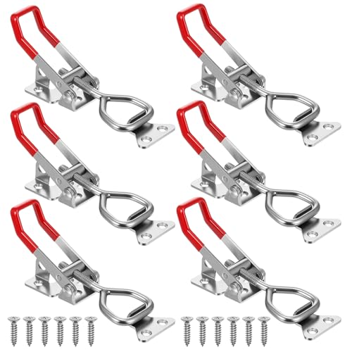 6 Pack 4001 Toggle Latch Clamp with Lock Hole, 304 Stainless Steel Adjustable Quick Release Pull Latch for Smoker, Toolbox, Cabinet – 330Lbs Holding Capacity, Silver & Red Handle, Includes Screws