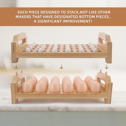Bamboo Egg Holder 24 Pcs Eggs Rack Countertop Storage, Surface Paint & Handle Design for Kitchen Fresh Egg Holder Countertop and Fridge Egg Organizer - style: Farmhouse 24Pcs