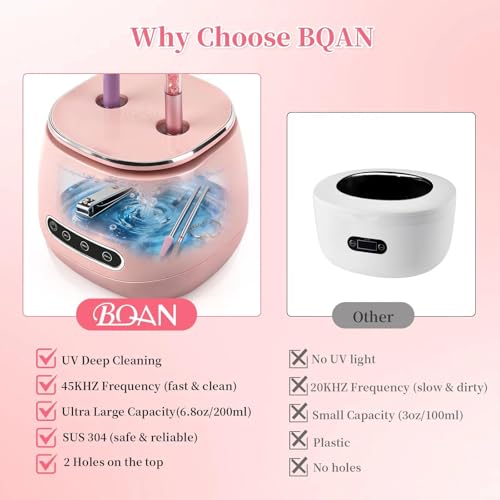 BQAN Rechargeable Nail Tool Cleaner, 3 Timers Mode Jewelry Cleaner, Portable 200ML Cleaning Machine for Nail Art Brushes, Drill Bits, Rings, Jewelry Home and Salon Use(Pink) - color: Pink