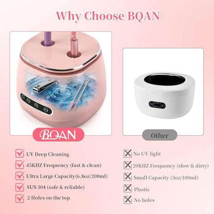 BQAN Rechargeable Nail Tool Cleaner, 3 Timers Mode Jewelry Cleaner, Portable 200ML Cleaning Machine for Nail Art Brushes, Drill Bits, Rings, Jewelry Home and Salon Use(Pink) - color: Pink