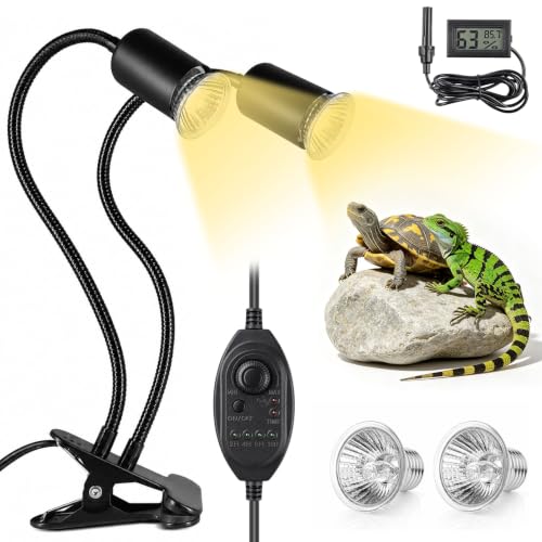 Reptile Heat Lamp with Timer & Hygrothermograph, Double-Head UVA UVB Reptile Light, Simulated Sunlight Basking Spot Lamp for Turtle, Lizard, Snake, Beared Dragon, Amphibians, 2 Bulbs 25W+50W