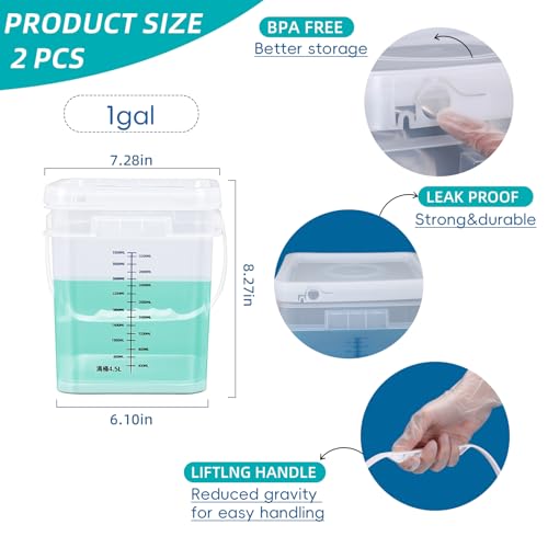 ASEVAT 2 PCS 1 Gallon Clear Square Food Grade Bucket with Graduated Markings & Lid, Heavy-Duty Plastic Pail with Comfort Grip Handle for Food Storage & Cleaning - color: Clearsquare, size: 1gal