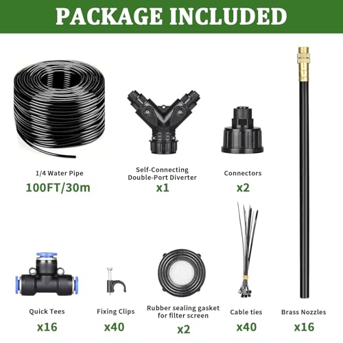 100Ft 1/4” Drip Irrigation System – Drip Irrigation Kit & Garden Watering Kit with 16 Pcs 360° Adjustable Copper Nozzles, Automatic Mist Spray for Raised Bed, Lawn, Garden & Potted Plants