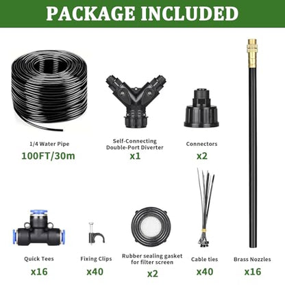 100Ft 1/4” Drip Irrigation System – Drip Irrigation Kit & Garden Watering Kit with 16 Pcs 360° Adjustable Copper Nozzles, Automatic Mist Spray for Raised Bed, Lawn, Garden & Potted Plants