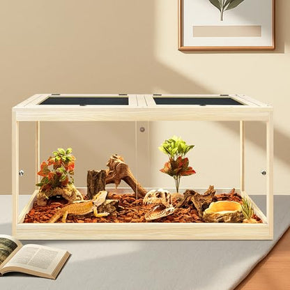 35 Gallon Bearded Dragon Tank, 32 x 16 x 16 Inch Tempered Glass Reptile Enclosure with Metal Mesh Top, Lockable Sliding Front Doors, Large Lizard and Snake Terrarium, Oak - color: Oak, size: 35 Gallon (32x15.5x15.5 Inch)