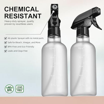 Bealee Empty Spray Bottles 2 Pack 10 Oz, Mist & Stream, Heavy Duty Spraying | Chemical-resistant, Leak-Proof, Better Trigger, BPA-free, Measurements, for Cleaning Solutions, Plants, Hair, Essential Oils
