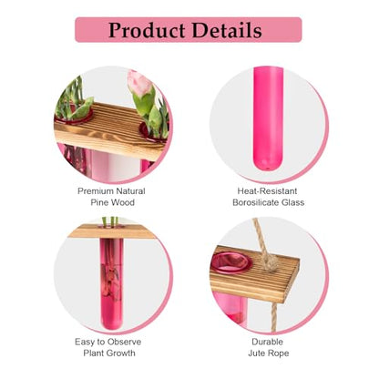 XXXFLOWER Wall Hanging Propagation Station with Wooden Stand Pink | 9 Test Tubes Vases Terrarium Kit, Hanging Planters for Indoor Plants, Wall Decor for Living Room Office - size: Pink-9 Tube Vase