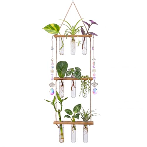 3 Tier Wall Hanging Propagation Stations with Crystal Suncatchers | Wall Plant Flower Vase, 9 Glass Test Tube Holder, Wooden Stand for Hydroponic Cutting, Window Decor Gift for Plant Lover