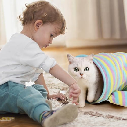 Spardar 2-in-1 Bunny Tunnel Bed, with Removable Mat Hideout,Stripe | Collapsible Tunnel Tubes Toys, Washable, Interactive Toys for Rabbits, Chinchilla, Hedgehog, Guinea, Kitty - color: Stripe