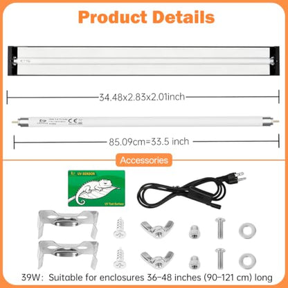 T5 Ho UVB Reptile Light Fixture Combo Kit 39W: 10.0 UVB Light for Reptiles Terrarium Hood Comes with UVB Lamp, 34'' Linear UVB Light Bar for Desert Bearded Dragon,Turtle,Gecko - UV Sensor Test Card - size: 35.4INCH-10.0