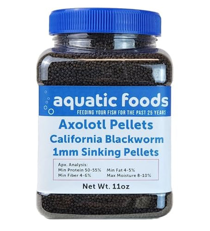 Axolotl Blackworm Pellets. 1mm-1/32 Sinking California Blackworm Micro Pellets for Baby Axolotl, Frogs, Shrimp, Salamanders, Newts, Snails…11oz Jar