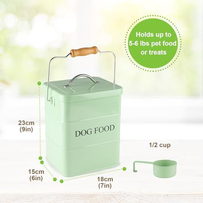 Metal Dog Food Storage Container 5~6Lbs Dog Treats Container Pet Food Storage Tin Portable Dog Food Treats Canister with Airtight Lid/Scoop-Farmhouse Style-Keep Kibble Fresh - color: Dog-Green(Metal Lid)