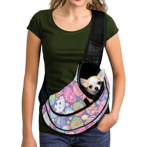 COEQINE Small Dog Easter Outfit Pet Sling Carrier Adjustable Strap Colorful Eggs Boho Floral Crossbody Purse Soft Pouch and Tote Design with Safety Hook for Home Outdoor Travel - color: Colorful Eggs Boho Floral
