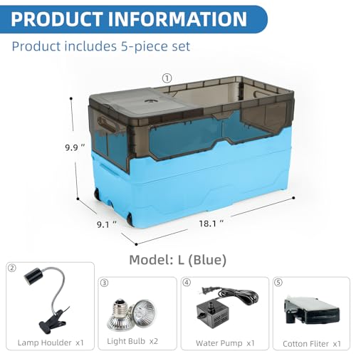 18.1x9.9x9.1 Turtle Tank Kit with Heat Lamp, Filter & Wheels Blue | Aquatic turtle habitat with wheels for moving the tank. Anti-escape lid. Fits small turtles, hermit crabs & frogs - color: Blue, size: 18.1x9.9x9.1 Inch