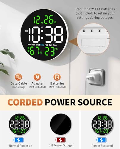 10 Inch Large Digital Wall Clock with 9 Color Changing Remote Control, Date Week Temperature, Auto Brightness Dimmer Big Clock with Night Lights,Green - color: Green