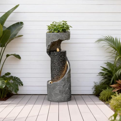 Tankana 35.5" H Water Fountain with Planter, Modern Spiral Waterfall for Outdoor and Indoor, Bubbling Garden Fountain with LED Light for Patio, Deck, and Living Room Corner