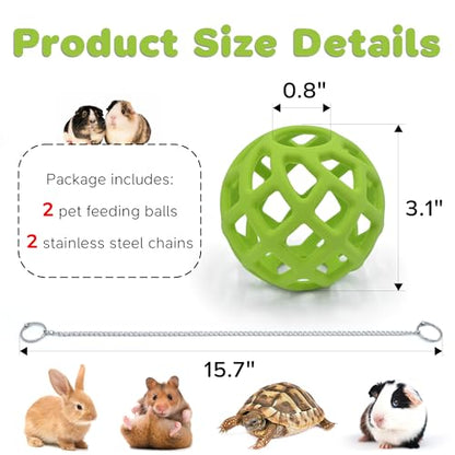 Feeder Ball with Chain for Rabbits Hamsters Turtles Reptile Enrichment Toy | 2 Pack, Durable Silicone Ball, Stainless Steel Chain, Foraging Toy, Hay Vegetable Holder, for Reptile Enclosure & Habitats