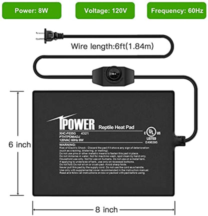 iPower 6 by 8-Inch 8 Watts Reptile Heating Mat with Temperature Controller Under Tank Warmer Terrarium Heat Pad for Reptiles and Amphibians, Black - size: 6 X 8 Inch, style: 1 Pack with Adjustable Knob