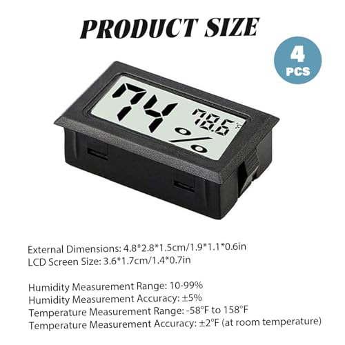 Mini Hygrometer Thermometer 10-99% LCD Mini Hygrometer Digital -58-158 ℉ Small Thermometer 4Pcs for Incubator, Reptile, Terrarium Jar Outdoor Living..