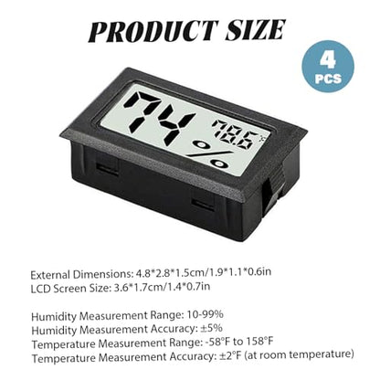 Mini Hygrometer Thermometer 10-99% LCD Mini Hygrometer Digital -58-158 ℉ Small Thermometer 4Pcs for Incubator, Reptile, Terrarium Jar Outdoor Living..