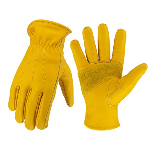Leather Work Gloves for Men & Women, Reinforced Durable Gardening Gloves,Cowhide Work Gloves,Puncture & Cut Resistant - color: Golden, size: Medium