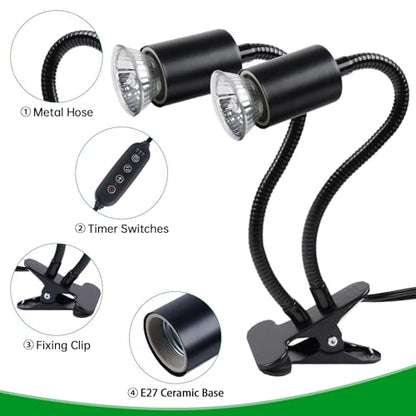 LUCKY HERP Reptile Heat Lamp, Dual Head UVA UVB Reptile Light with Cycle Timer, 360°Rotatable Dimmable Aquarium Turtle Tank Basking Light with 4 Bulbs (2PCS 25W and 2PCS 50W) - size: 25+50