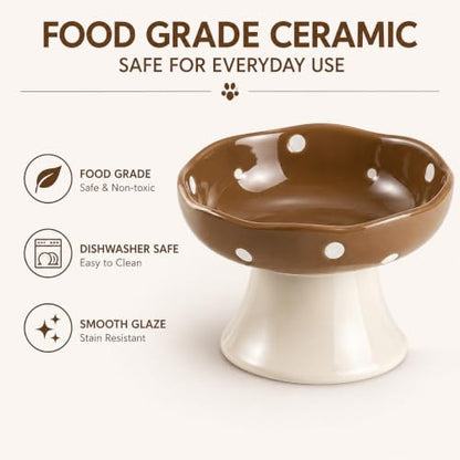 Brown Mushroom Cat Bowl, Elevated Ceramic Bowl for Cats | Cute, Elevated, Ceramic, Whisker Friendly, Dishwasher Safe - color: Brown