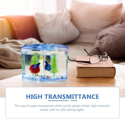 Mipcase Acrylic Mini Fish Tank Transparent Desktop Aquarium 7.08 X 5.51 X 3.54 in Small Breeding Tank with 2 Luminous Aquatic Plants for Goldfish Home Decor Bedroom Porch Desk