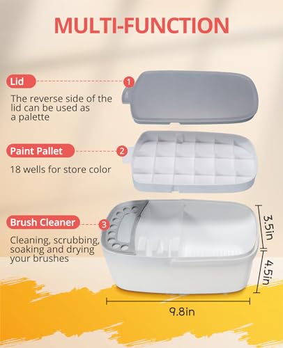GAMENOTE Paint Brush Cleaner, Paint Brush Holder and Palette, White | All-in-one painting station washes and rests brushes, mixes colors, and stores paint in 18 wells with a portable handle. - color: White