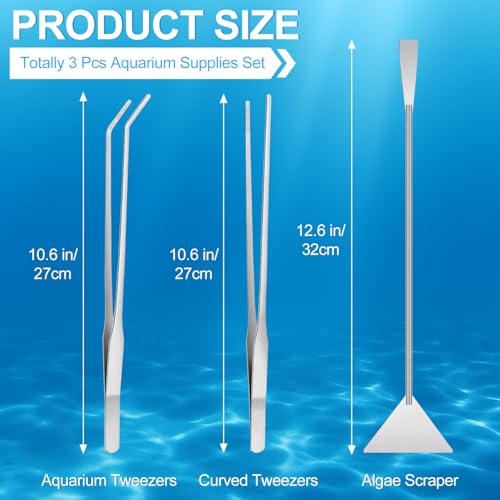 Oligei Terrarium Supplies 3 PCS, Stainless Steel Aquarium Supplies Set, Include Long Aquarium Tweezers, Curved Tweezers, Algae Scraper for Fish Tank Cleaning Plant Trimming