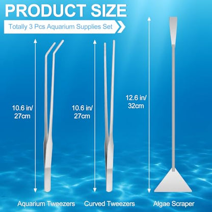 Oligei Terrarium Supplies 3 PCS, Stainless Steel Aquarium Supplies Set, Include Long Aquarium Tweezers, Curved Tweezers, Algae Scraper for Fish Tank Cleaning Plant Trimming