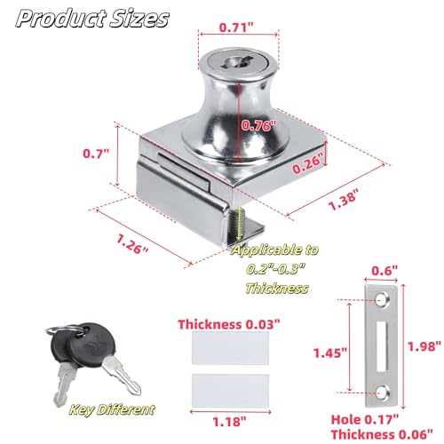 Glass Showcase Lock, Chrome Rectangular, 1.38x1.26 Inch, 2 Sets | No Drill Installation, Key Different, Fits 0.2-0.3 Inch Glass, Zinc Alloy, For Display Cabinets Jewelry Cases - color: Chrome, size: 1.38 x 1.26 Inch, style: Key Different - Door to Board