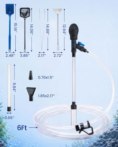 Aquarium Gravel Cleaner Kit | 80GPH Fish Tank Water Changer Tool with 6Ft Water Hose Skimmer Net Sponge Brush Sand Shovel and Tweezer for 3~8Gal Tank