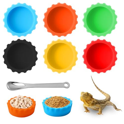 6 Pcs Crested Gecko Food and Water Bowl with 1 Spoon, Reptile Feeding Cups for Lizards, Isopods & Small Pets, Easy-Clean Silicone Set