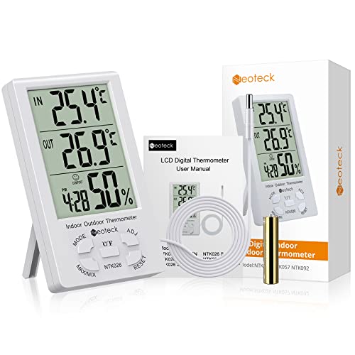 Neoteck 2in1 Thermometer Hygrometer with Clock LCD Display 1.5m Sensor Wire | ± 1°/5% High Accuracy Digital Humidity Temperature Meter with Clock for Indoor Outdoor Air Quality Condition Monitoring