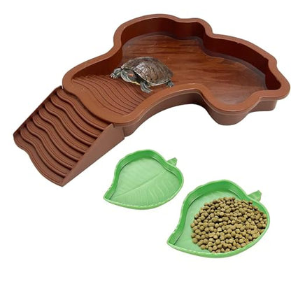 3 PCS Tortoise Water Dish Reptile Bathing Pool with Removable Ramp and Leaf Reptile Food Dish & Water Bowl Tortoise Habitat Accessories for Turtle, Gecko, Snake, Bearded Dragon, Lizard