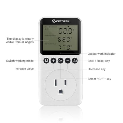 KETOTEK KT3200PRO Day Night Thermostat Temperature Controller Outlet | Digital Heating Cooling Temp Controller with Sensor Timer Regulator for Reptile Greenhouse Brewing Refrigerator