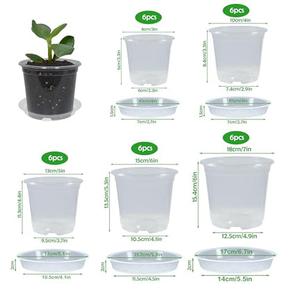 30 Pack 3/4/5/6/7 Inch Clear Nursery Pots with Drainage and 30 Pack Plant Saucers, Plant Pots for Plants Transparent Potting Containers for Plants Seeding Starter Pot (Clear, 3/4/5/6/7 Inch) - size: 3/4/5/6/7 Inch