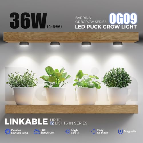 Barrina Orbgrow OG09 Puck Grow Light, 36W(4 x 9W), 5000K, 4 Packs, Black | Full Spectrum Plant Light for Indoor Plants, Magnetic & Linkable, Small Grow lamp, Perfect for Plant Shelf - color: 5000K-Black Cover, size: 4 Packs without Timer