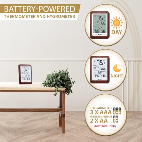 Indoor Outdoor Thermometer Wireless Weather Station, Temperature Humidity Monitor Battery Powered Inside Outside Thermometers with 330ft Range Remote Sensor and Backlight Display（Dark Wood） - color: Dark Wood