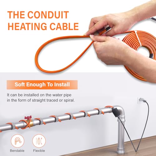 Cupohus Heat Tape for Water Pipes with Thermostat 3FT, Freeze Protection Self-Regulating Heat Trace Cable for Metal, Plastic Home Pipes, Roof and RV, 110-120V