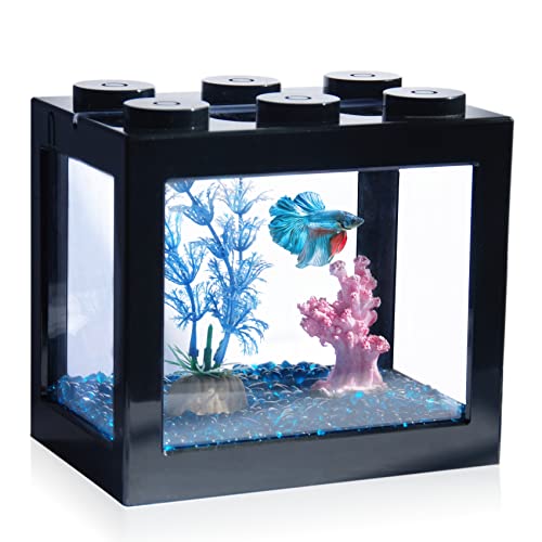 Small Betta Fish Tank, Stackable Mini Fish Tank Aquarium Tank Kit, 3/5 Gallon Rectangular Fish Bowl with Aquarium Gravel Decoration, Tiny Cube Tank for Seaweed Balls Sea Monkeys - color: Black Frame