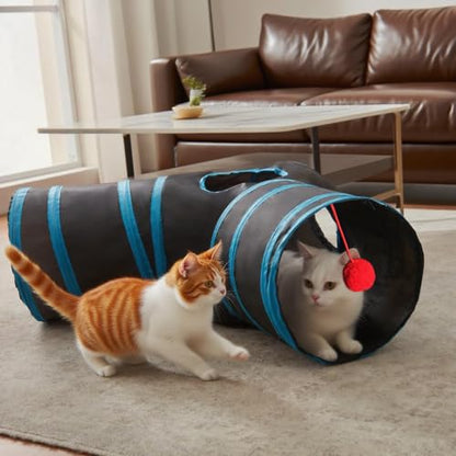 3-Way Collapsible Cat Tunnel Tube Toy Black Blue | Interactive Tunnel with Hanging Ball & Peek Hole for Indoor Cats, Kittens, Puppies, Rabbits | Hours of Fun & Exercise - color: Black Blue
