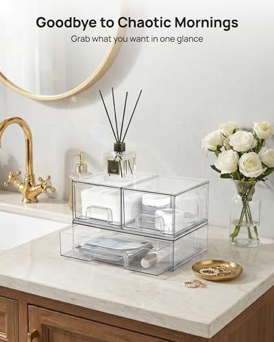 Vtopmart Stackable Storage Drawers Set of 4, Clear Plastic Organizer Bins for Bathroom Supplies,Ideal for Cabinet,Pantry,Laundry Room Organization - style: 2 Small+2 Wide