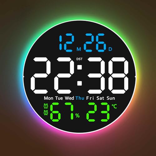 10 Inch Large Digital Wall Clock with 9 Color Changing Remote Control, Date Week Temperature, Auto Brightness Dimmer Clock Night Lights,Blue+Green - color: Blue+green
