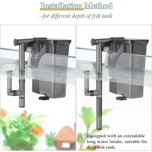 5W Hang on Aquarium Filter: Ultra Quiet 124 GPH Fish Tank Filter with Filter Sponge and Activated Carbon, Adjustable Waterfall Filter for 5-15 Gallon Fish Tank